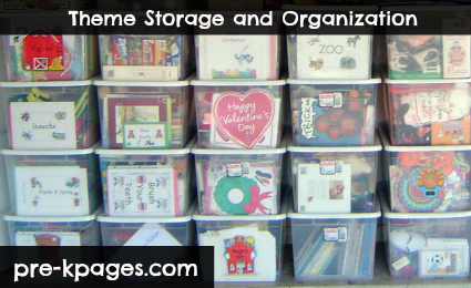 Theme storage tubs for teacher organization via www.pre-kpages.com