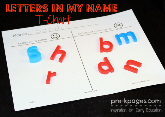 Free Printable Letters in My Name/Not in My Name T-Chart #preschool #kindergarten