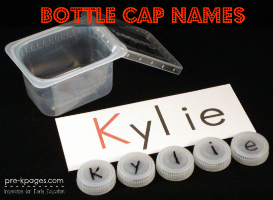 Making Names with Water Bottle Caps in #preschool and #kindergarten