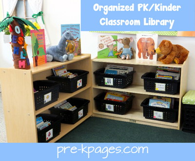 Organized pre-k kindergarten classroom library via www.pre-kpages.com
