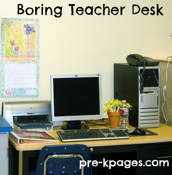 Boring teacher desk before makeover via www.pre-kpages.com Boring teacher desk before makeover via www.pre-kpages.com