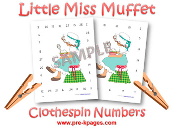 Printable Little Miss Muffet Clothespin Number Identification Game for preschool and kindergarten