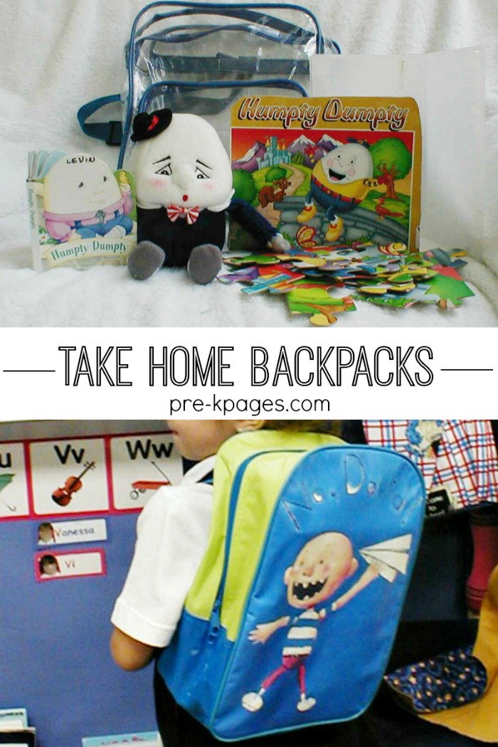 Take Home Backpacks for Preschool and Kindergarten. Fun and educational take home bags that kids and parents love!