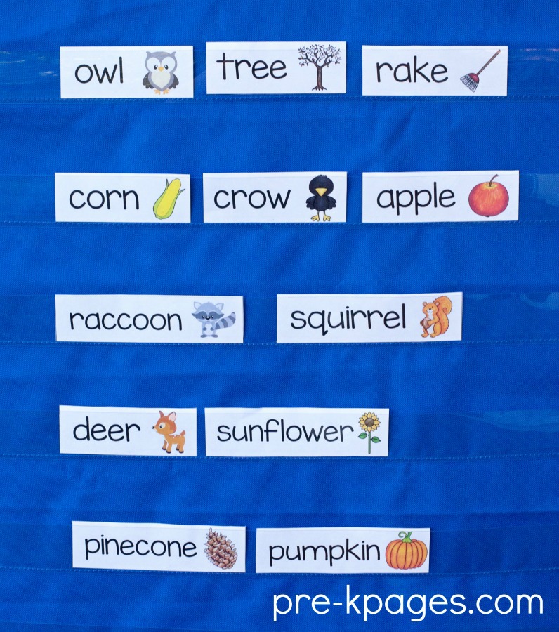 Printable Fall Vocabulary Word Cards for the Pocket Chart