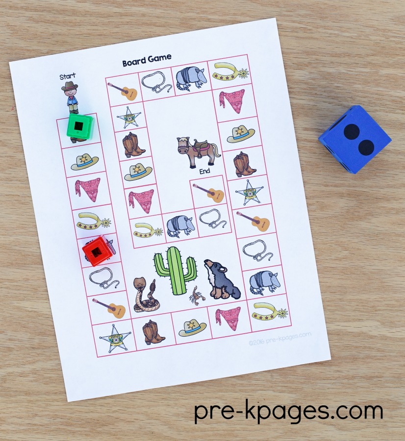 Printable Western Theme Board Game for Preschool