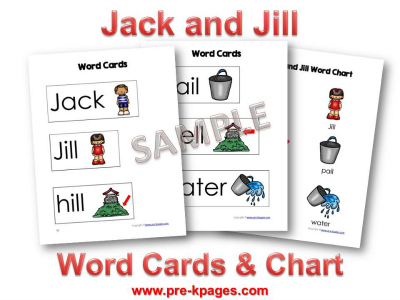 Printable Word Cards for Nursery Rhyme Jack and Jill