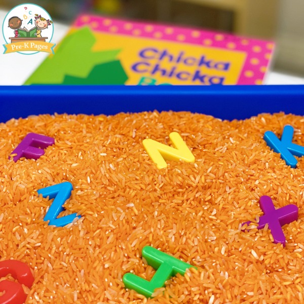 Letter Sensory Bin with Rice
