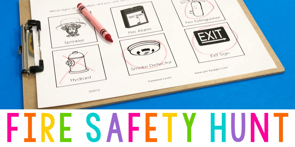 a clipboard with fire safety scavenger hunt sheet and a crayon
