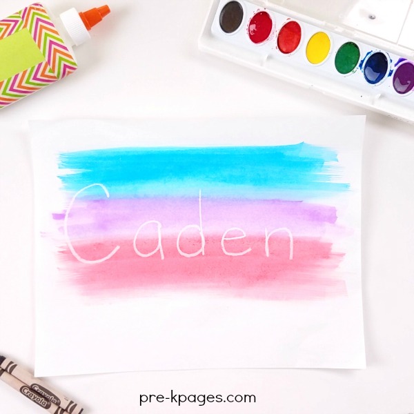 Crayon Resist Names with Watercolors in Preschool