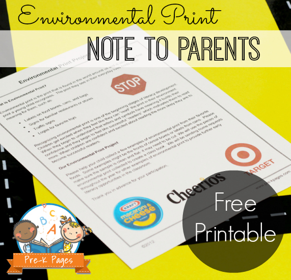 Printable Note to Parents about Environmental Print