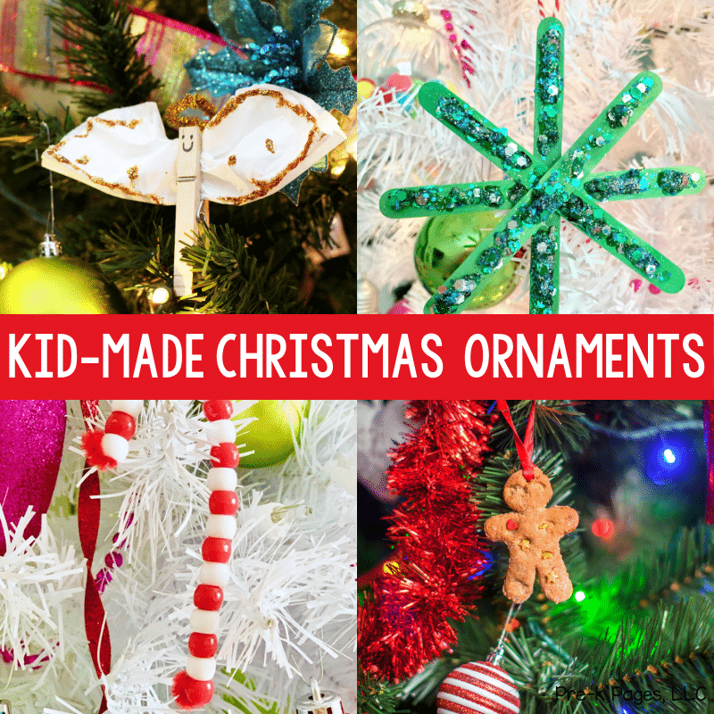 a collage of 4 different images featuring kid-made christmas ornaments