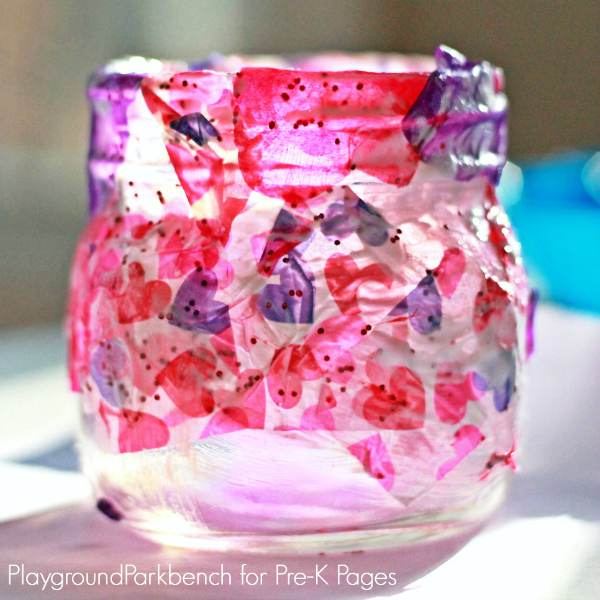 Valentine lantern glass jar covered in tissue paper