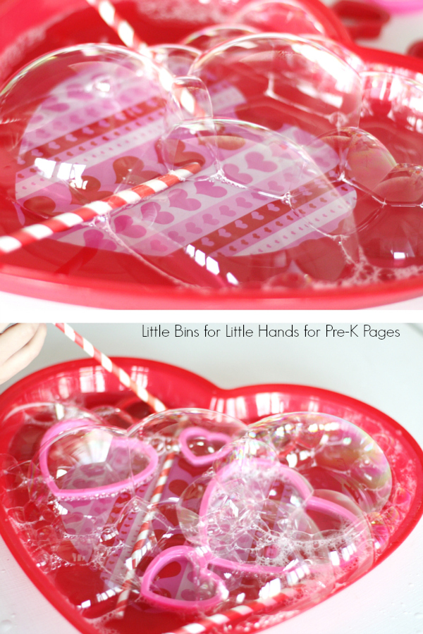 Valentine Bubble Science Activity For Preschool bubble being blown with straws