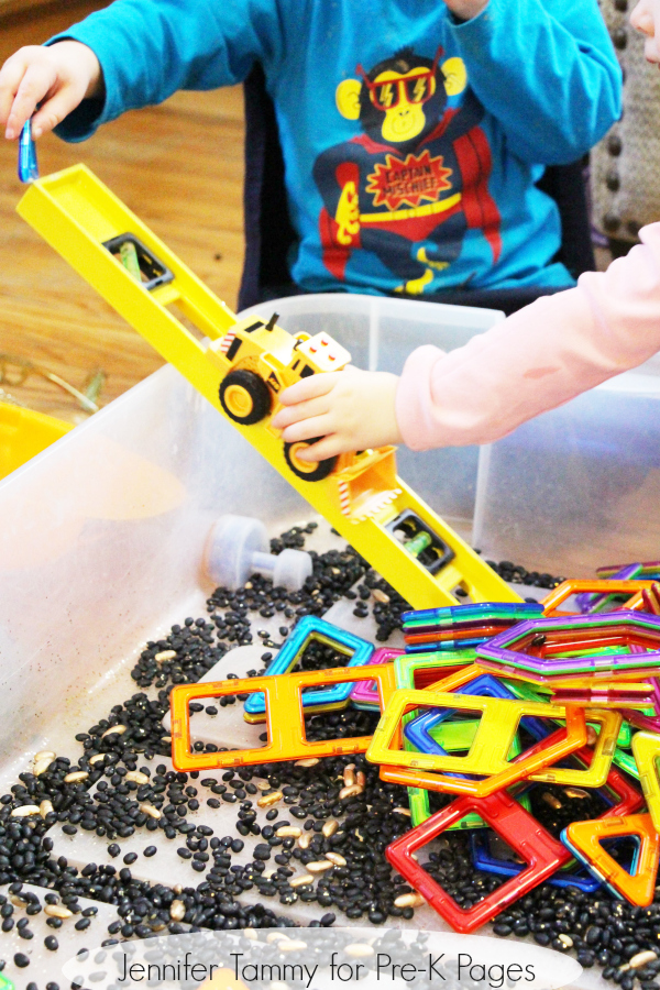 construction sensory bin for preschoolers