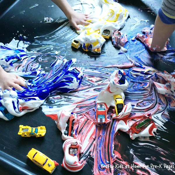 color mixing with cars and shaving cream