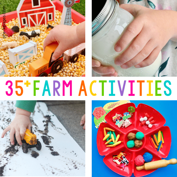 a collage image of 4 different farm theme activities