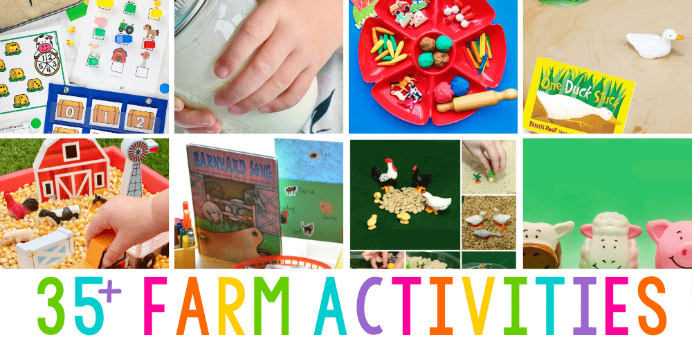 a collage image of various farm theme activities