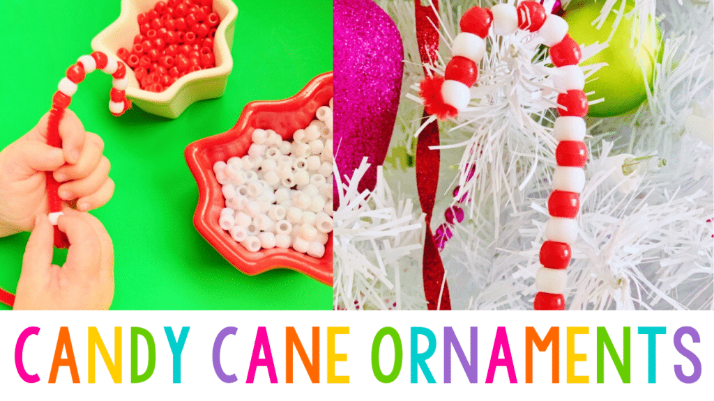 image of a child's hand making a beaded candy cane ornament