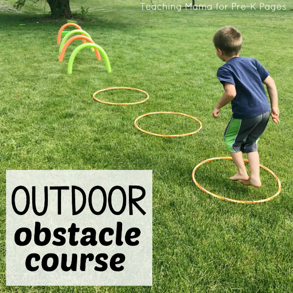 Kid jumping into hula hoop in outdoor obstacle course for preschoolers