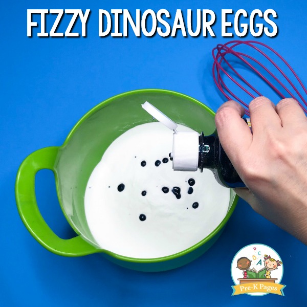 food coloring added to bowl for dinosaur egg experiment