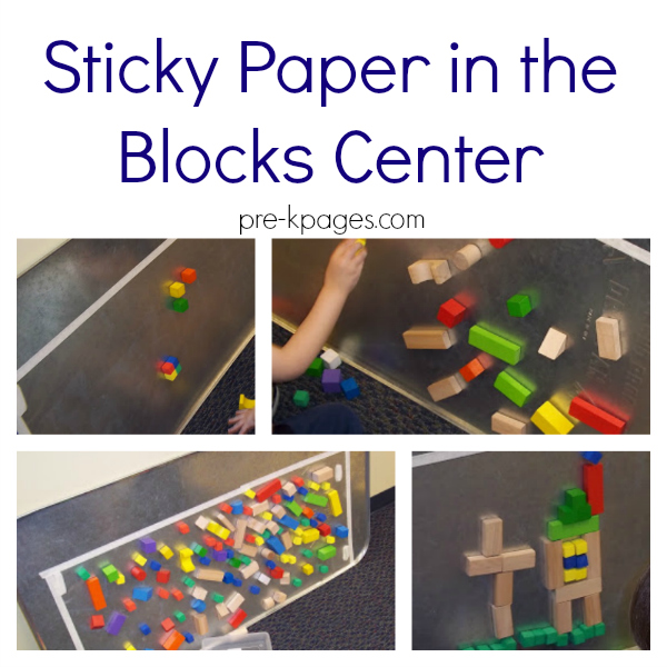 blocks center with sticky paper pre-k