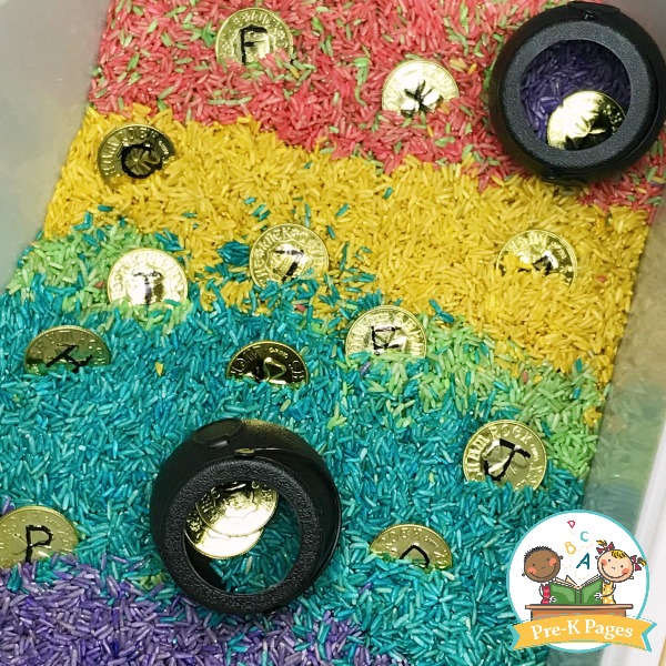 Add gold coins to your rainbow rice sensory bin for a St. Patrick's Day theme