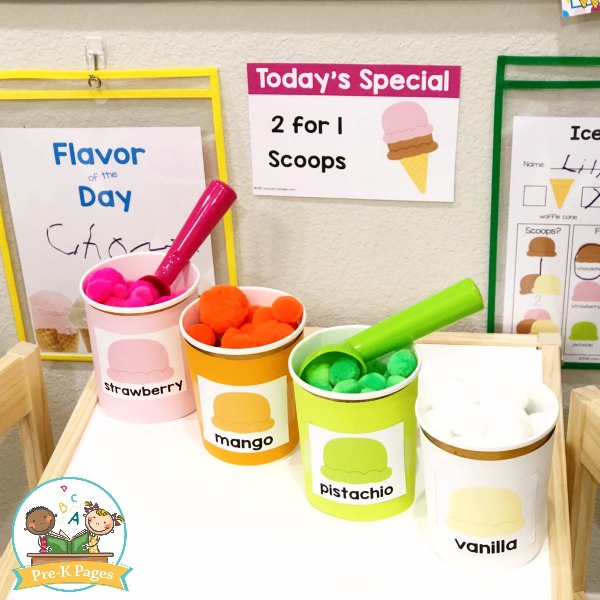 Tubs of Ice Cream labeled for pretend play