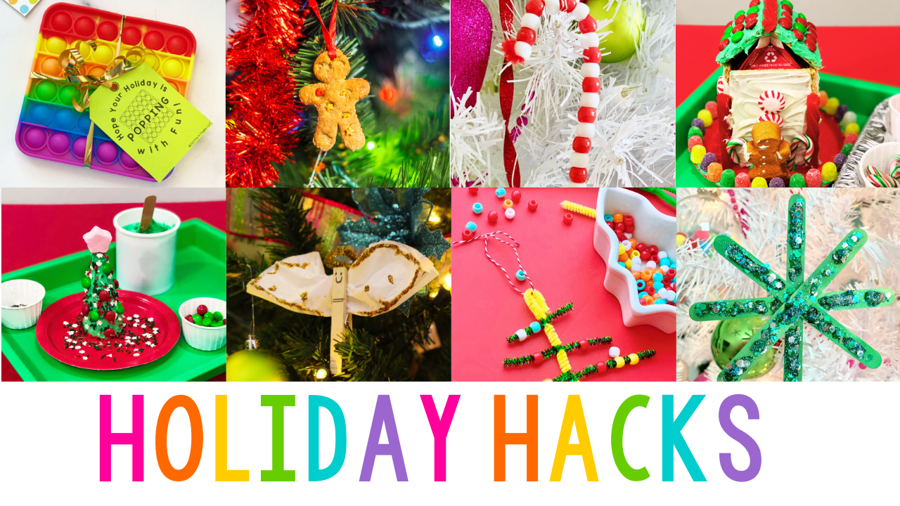 a collage of 8 different holiday ornaments and activities