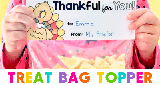 Printable Thanksgiving Treat Bag Topper attached to zip top bag full of snack mix