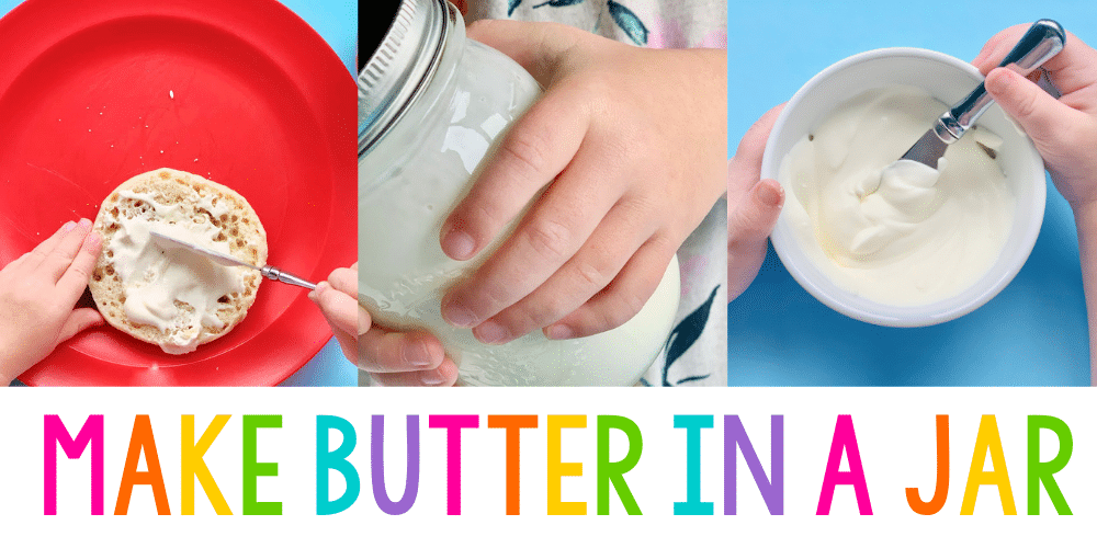 collage image of child making butter in a jar
