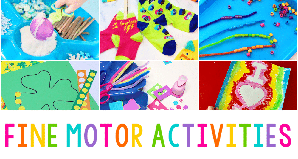 a colorful collage of 6 photos showing different fine motor activities