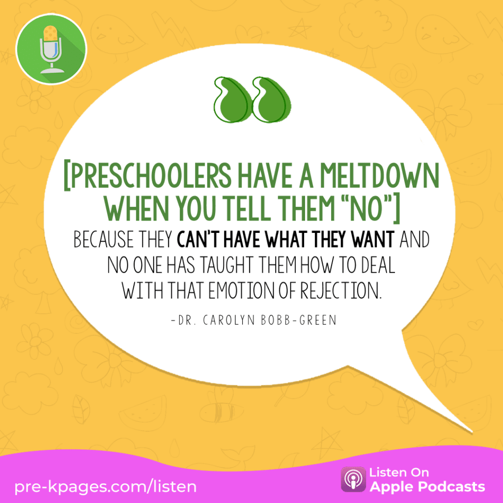 [Image quote: “[Preschoolers have meltdowns when you tell them “no”] because they can't have what they want and no one has taught them how to deal with that emotion of rejection.” - Dr. Carolyn Bobb-Green]