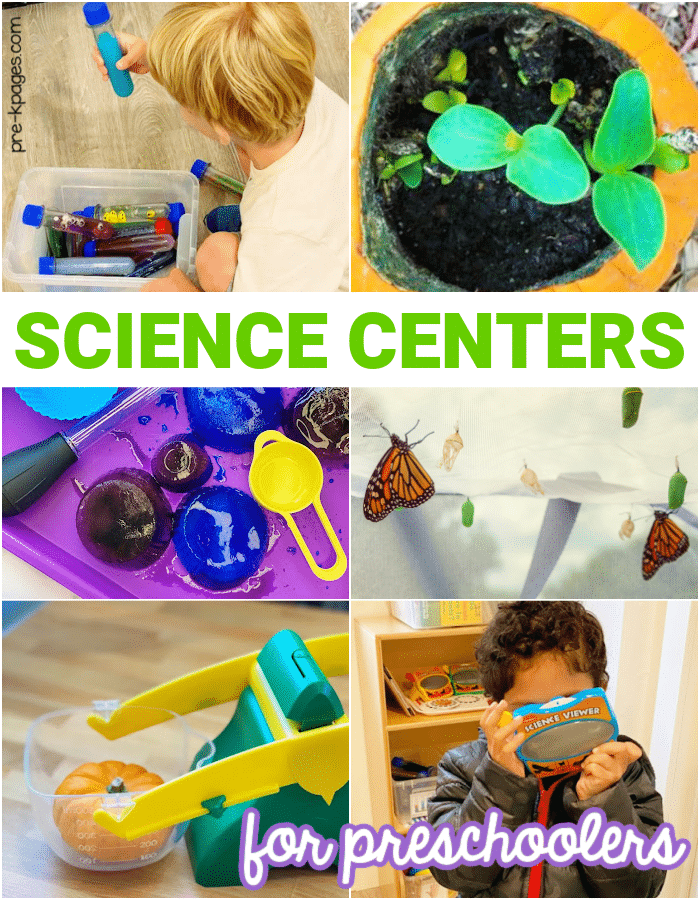 Science Areas for Preschoolers a collage of 6 different images showing science activities