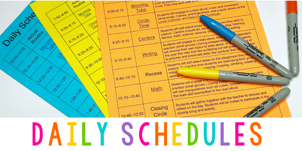 a picture of 3 different daily schedules printed on colorful paper and laying flat on a table with colorful markers