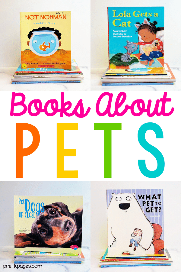 a collage of 4 books about pets for kids