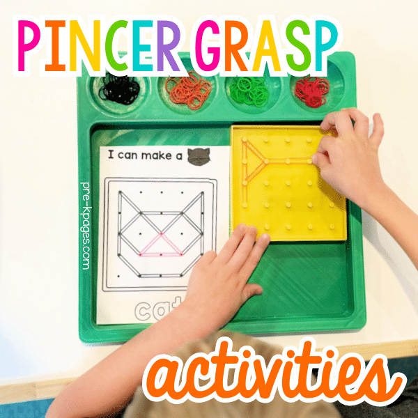 a child using rubber bands to make a cat on a geoboard
