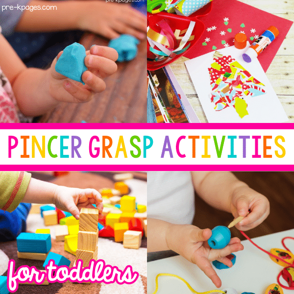 a collage of 4 images of children using the pincer grip