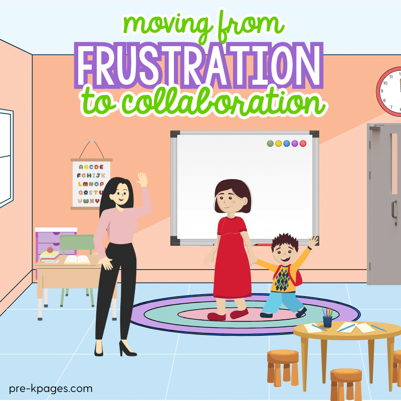 cartoon image of parent greeting teacher