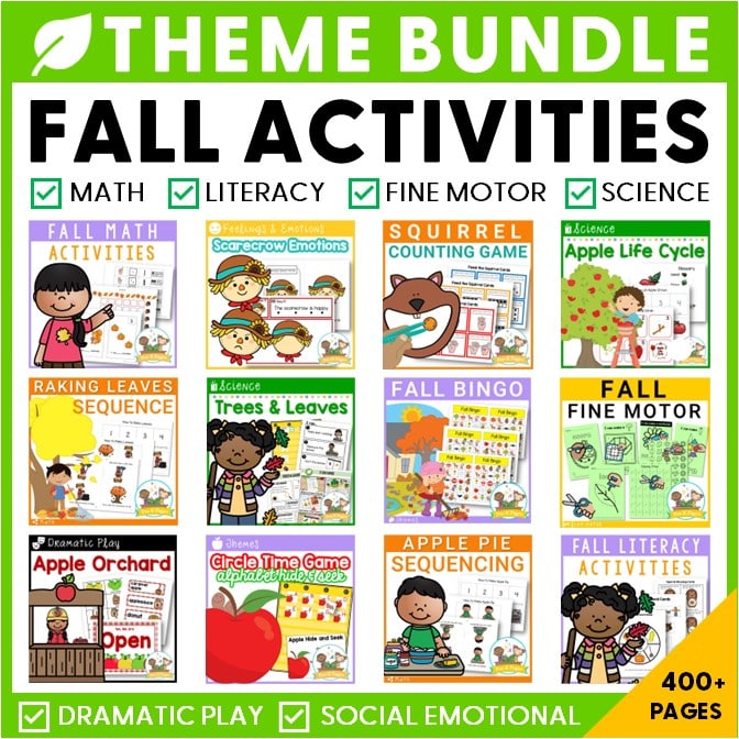 A square grid of 12 different products included in the fall activities bundle
