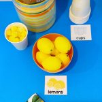 pretend lemons and cups on blue background