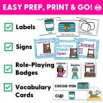 a square image that says easy prep, print, and go. Text reads labels, signs, role-playing badges, and vocabulary cards.